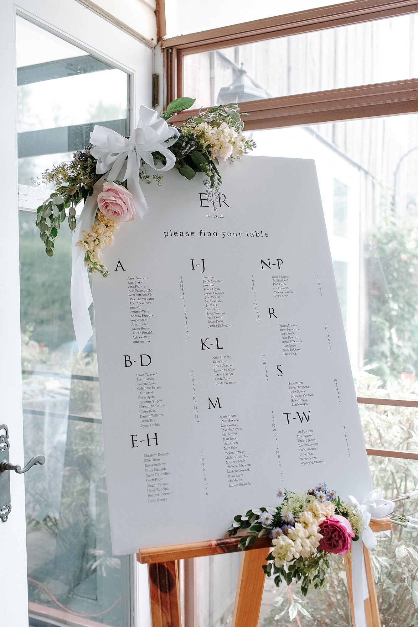 Wedding reception seating chart displays with alphabetical guest lists mounted on white boards decorated with floral accents.