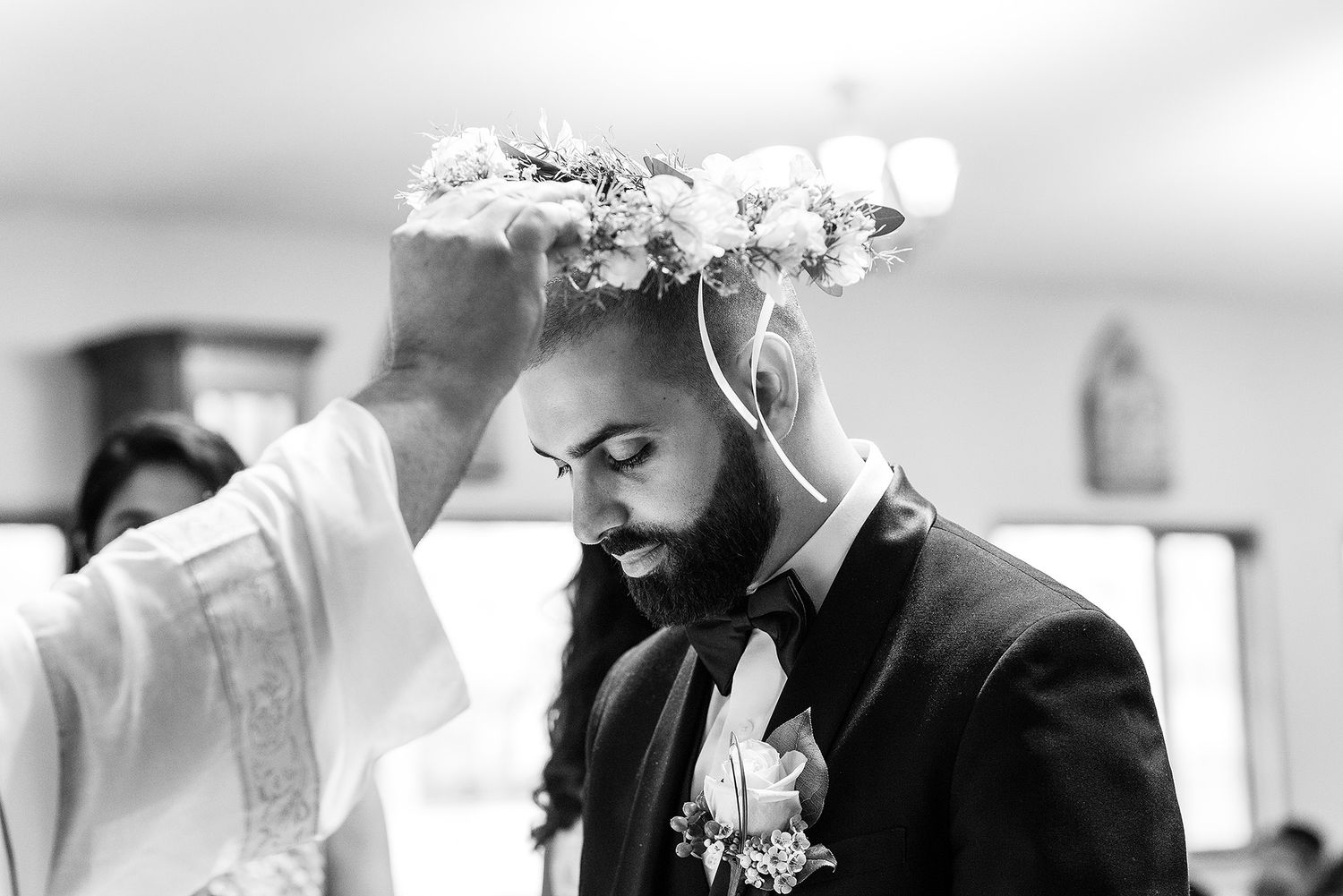 Black and white photo collage showing tender moments between a couple on their wedding day.
