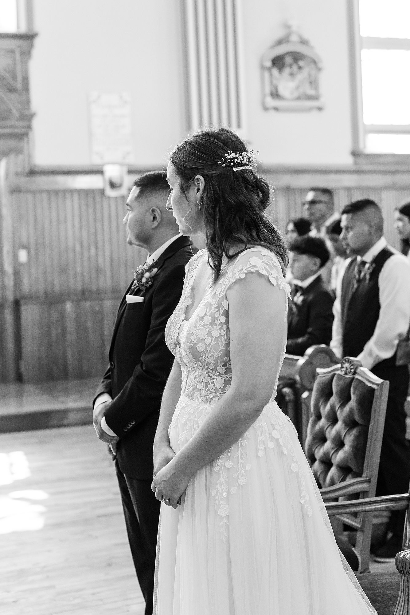 Black and white photos showing a wedding ceremony in progress inside a traditional church setting.