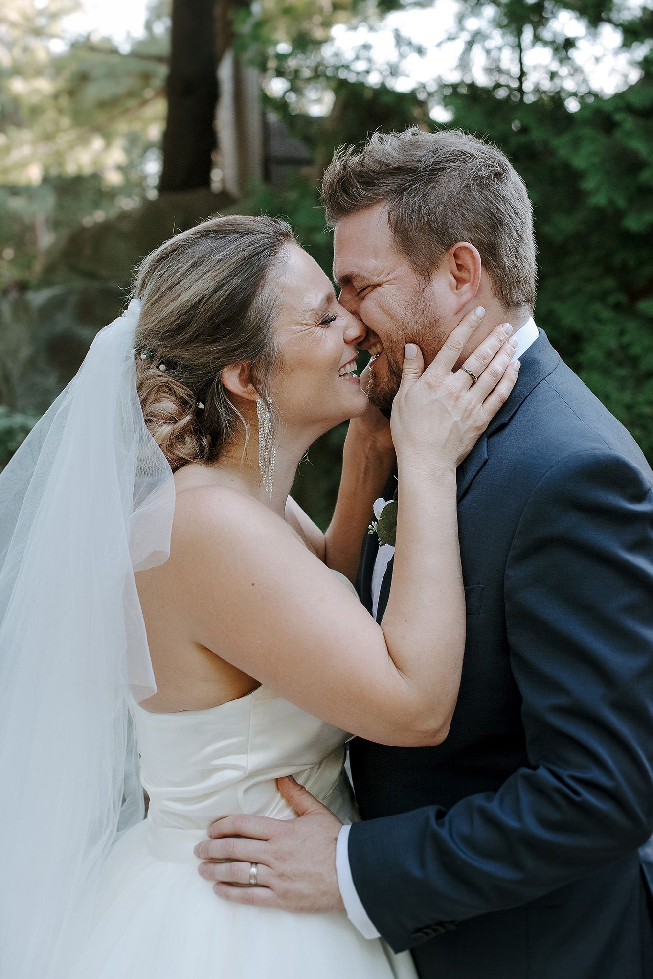 Series of romantic wedding photos showing tender moments between newlyweds in an outdoor garden setting.