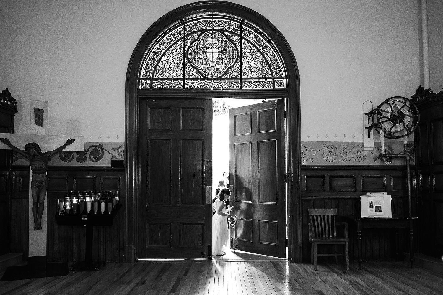 A series of black and white photographs showing empty hallways and doorways in a vintage architectural setting.