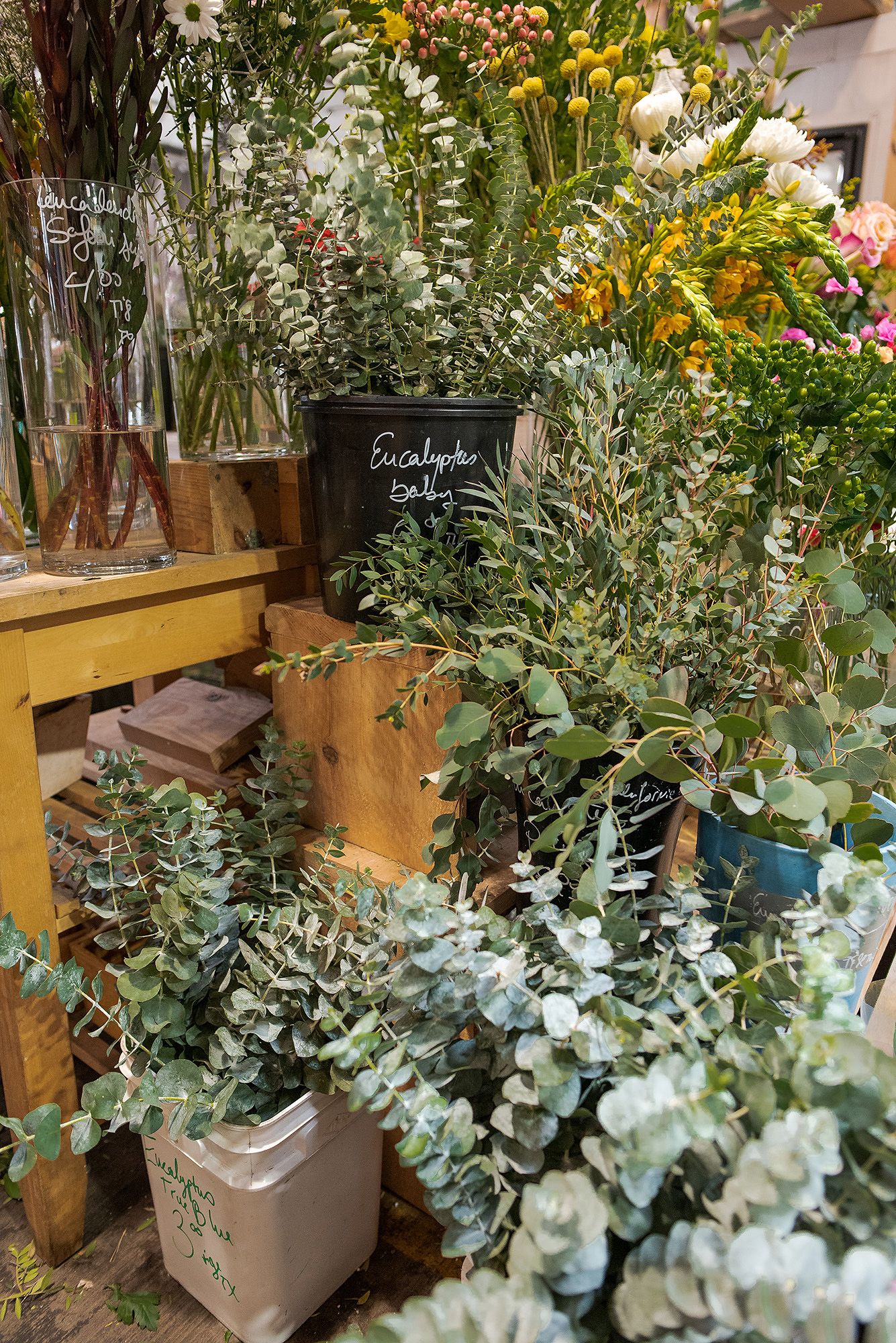 Fresh eucalyptus and colorful flowers arranged in wooden boxes at a rustic flower shop display.