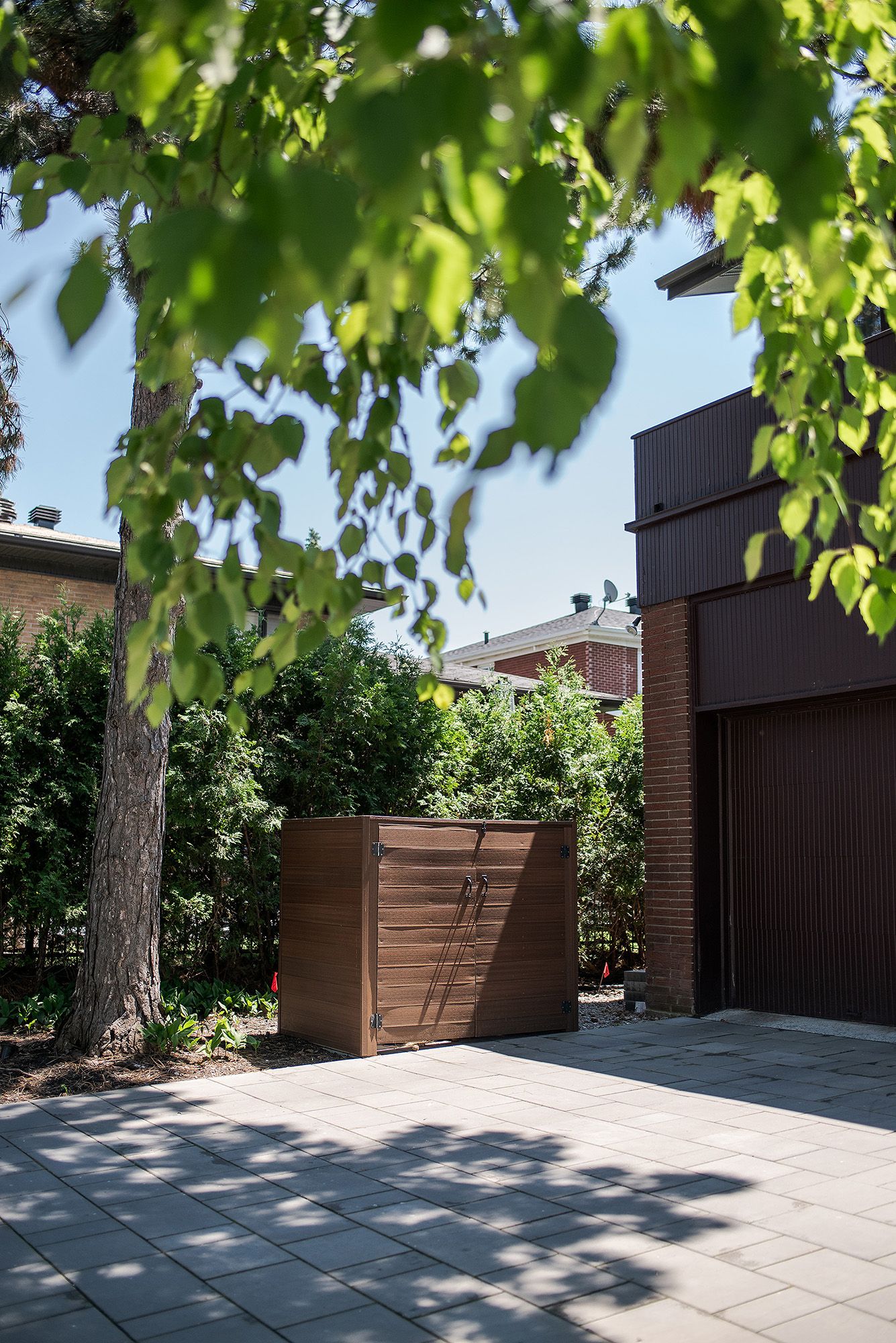 Modern wooden fence and paved patio area with overhanging green tree branches in a contemporary backyard setting.