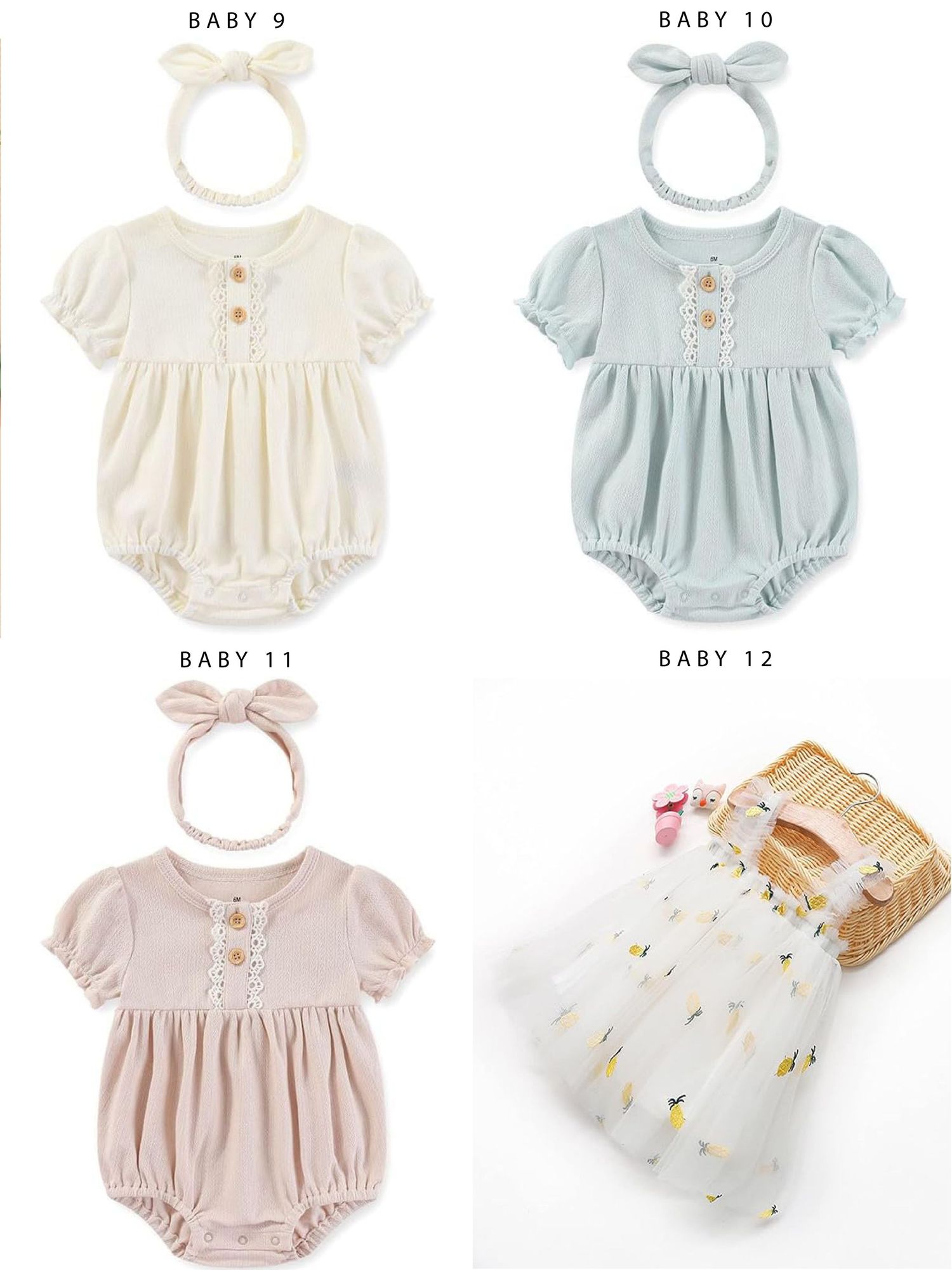Delicate baby rompers and onesies in soft pastel colors featuring smocked details and floral embroidery on cream, mint, and blush fabrics.