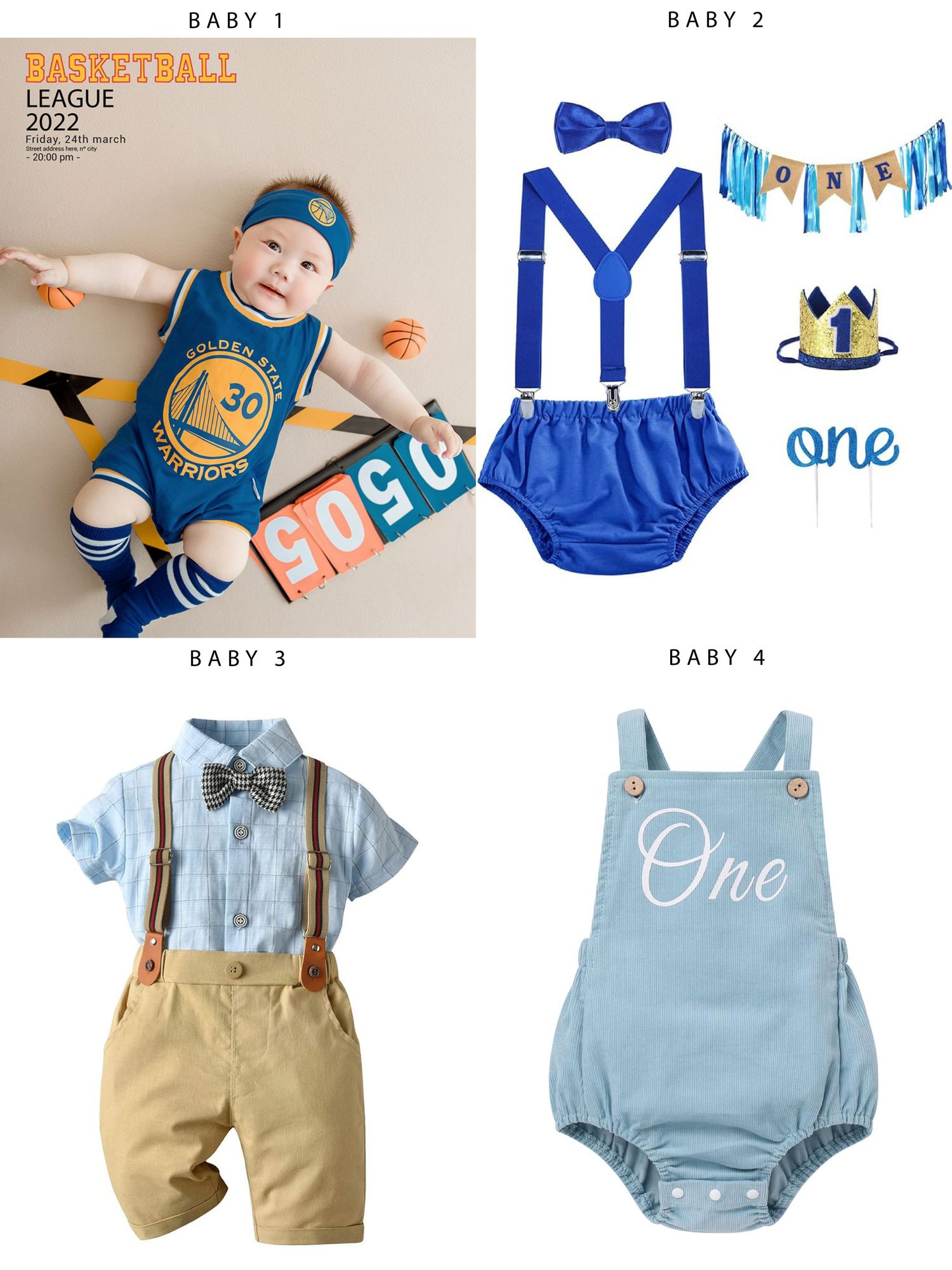 Four baby boy outfits featuring blue suspenders, bow ties, and basketball-themed elements for a sports-themed celebration.