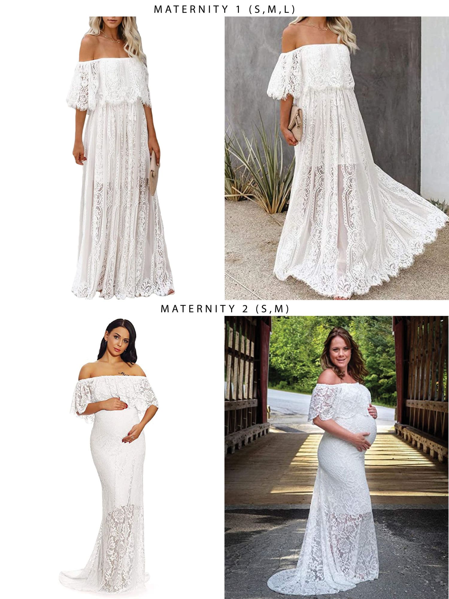 Elegant white lace maternity dresses with flowing skirts and delicate details shown in multiple angles and styles.