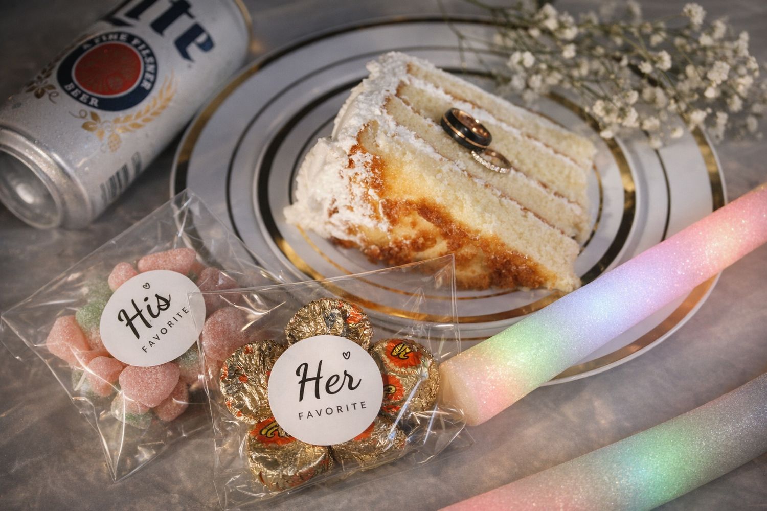 Wedding reception desserts with His and Her favorite cookie favors beside white cake slice and beer can.