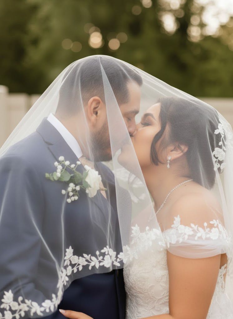 A romantic wedding couple shares an intimate moment under a delicate white veil in an outdoor garden setting.