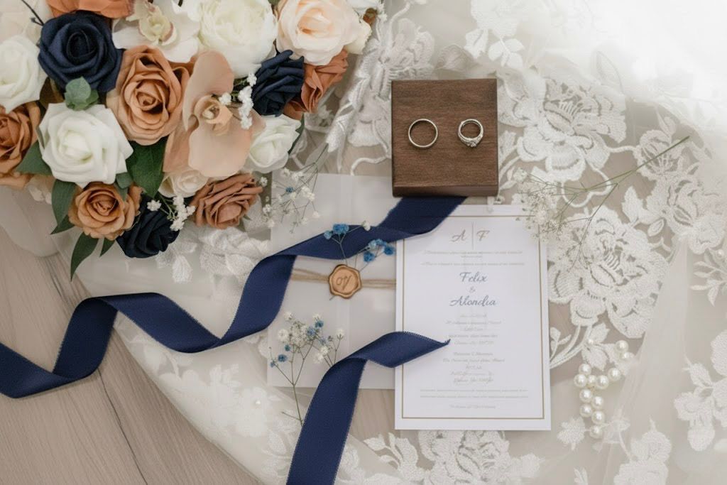Wedding flat lay with roses, navy ribbon and invitation suite on white background.