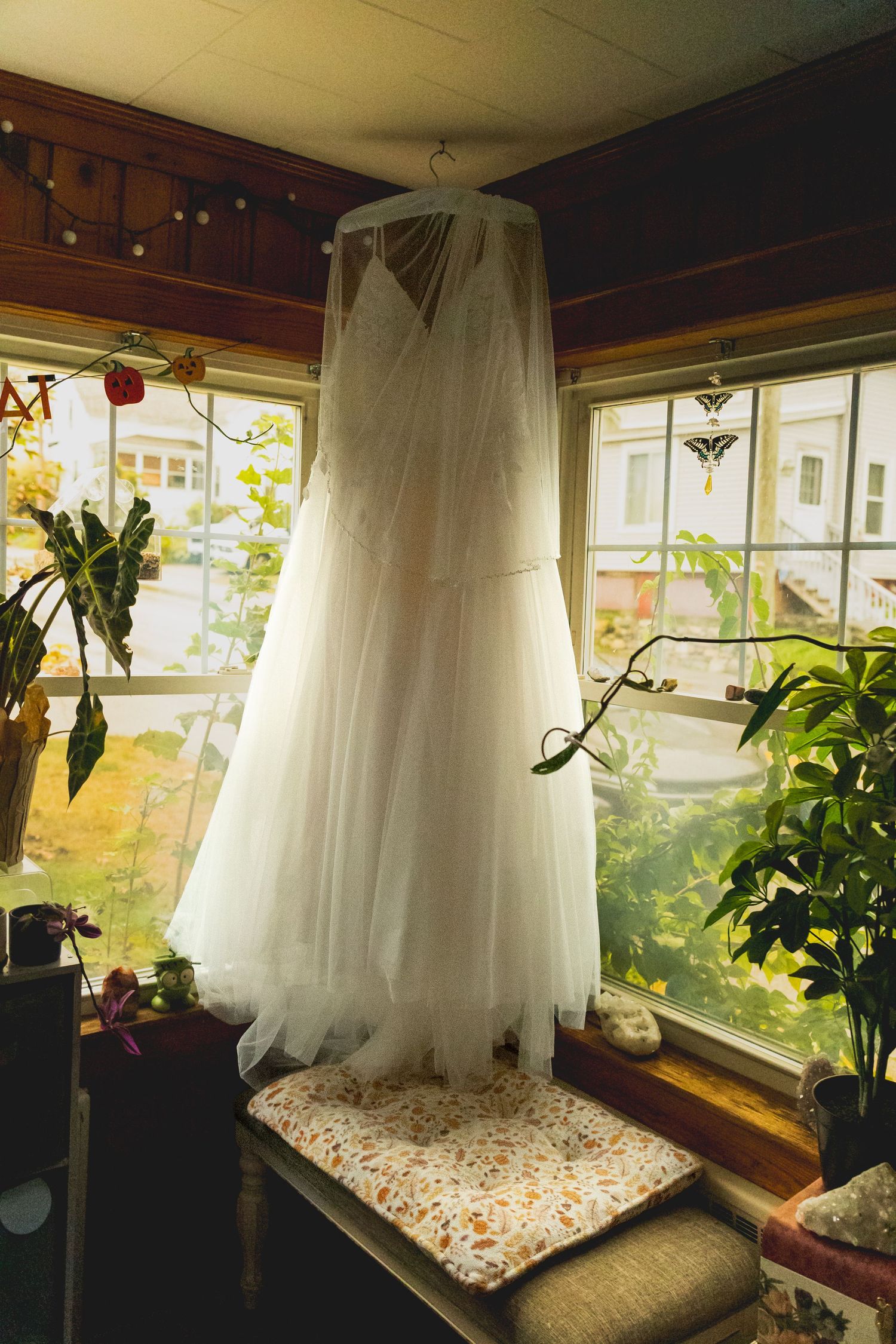White tulle wedding dress hanging in a sunlit window nook with a floral cushioned bench and lush green houseplants.