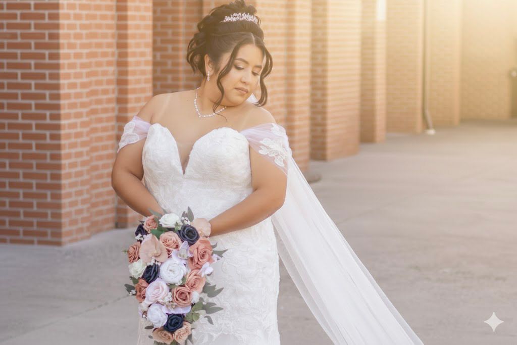 Elegant wedding venue entrance with brick columns and soft natural lighting.
