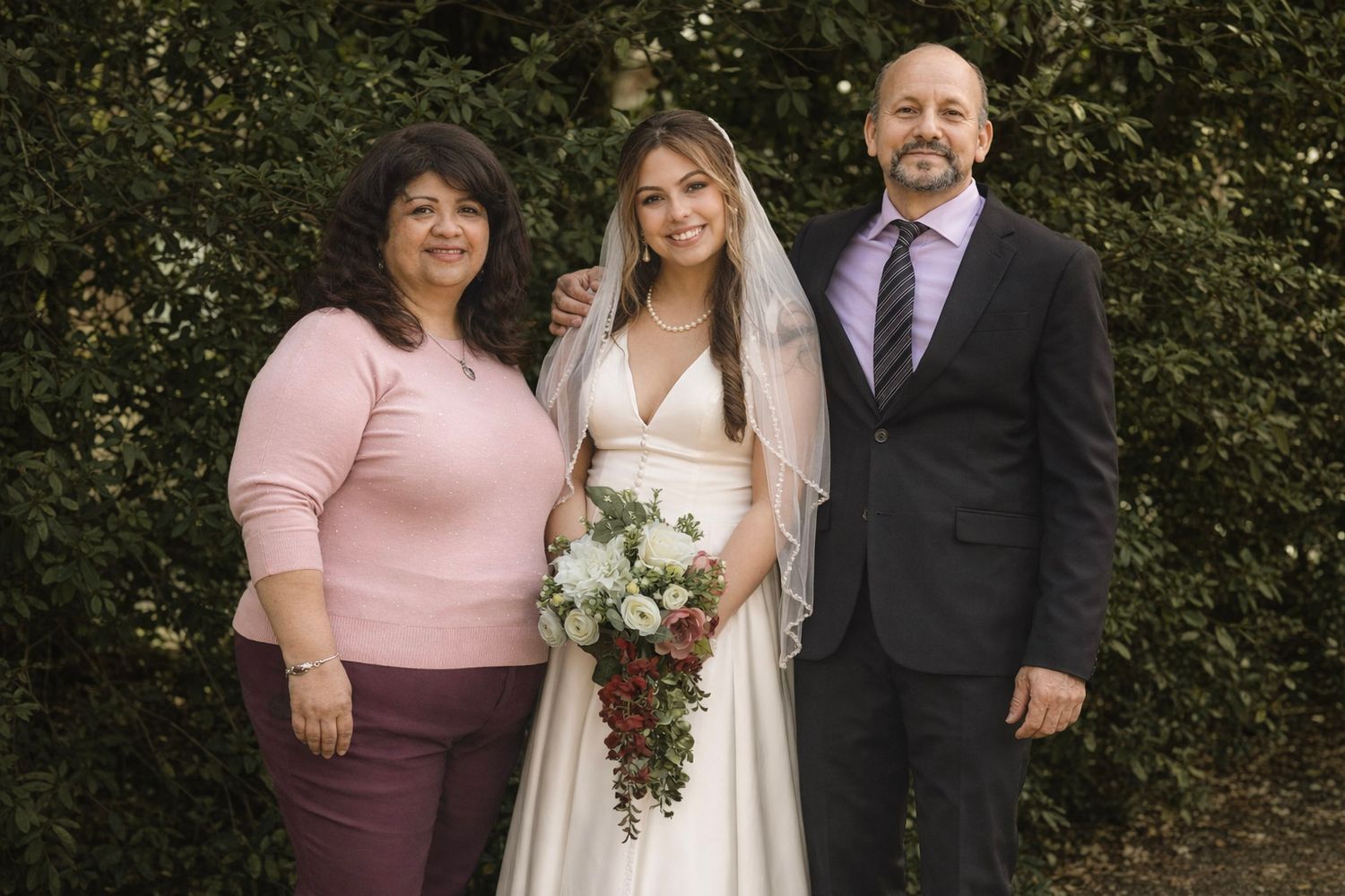 A wedding party poses together outdoors against a lush green hedge backdrop in formal attire.