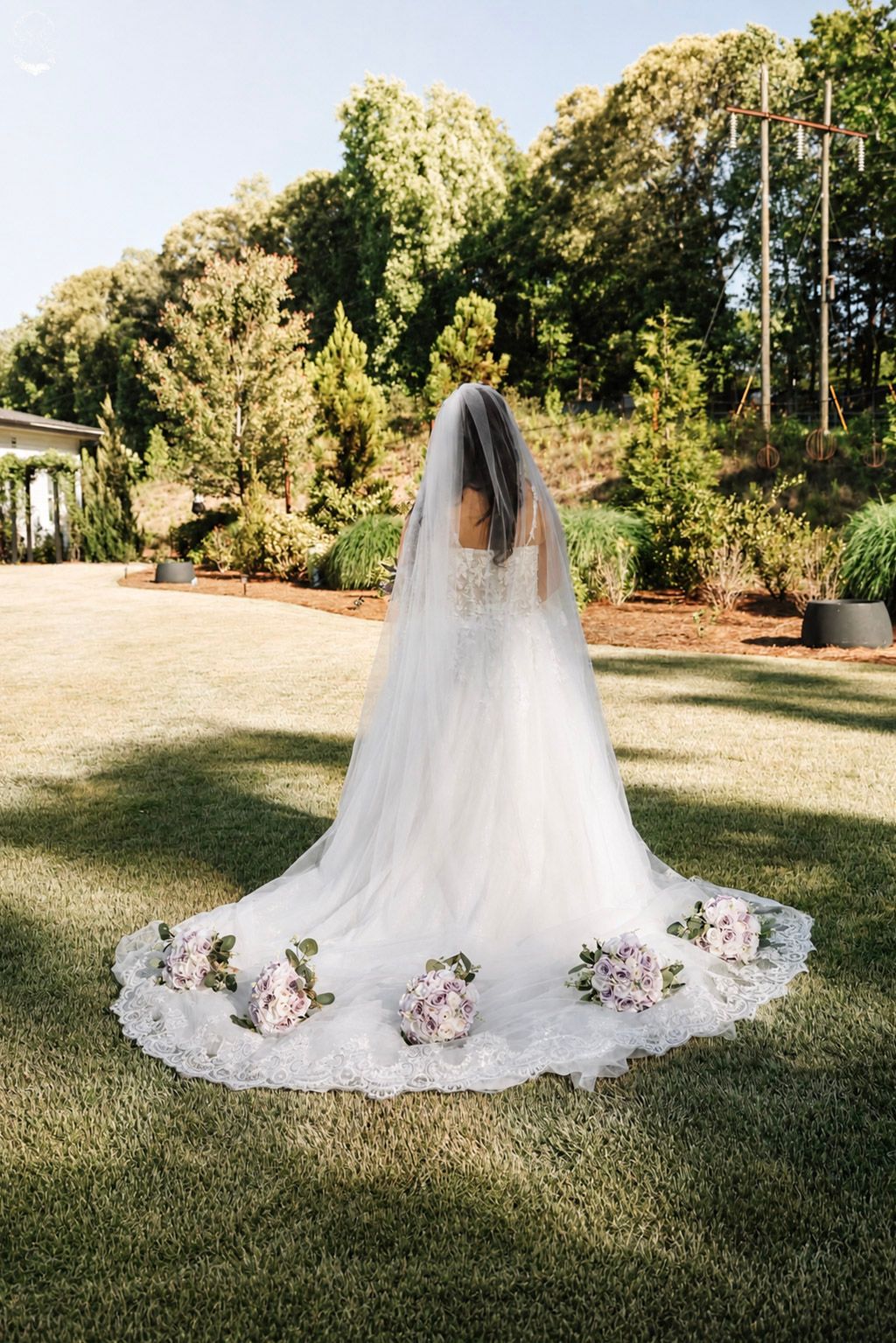 Bride in white lace gown with long veil adorned with pink flowers spread on green lawn at outdoor wedding venue.