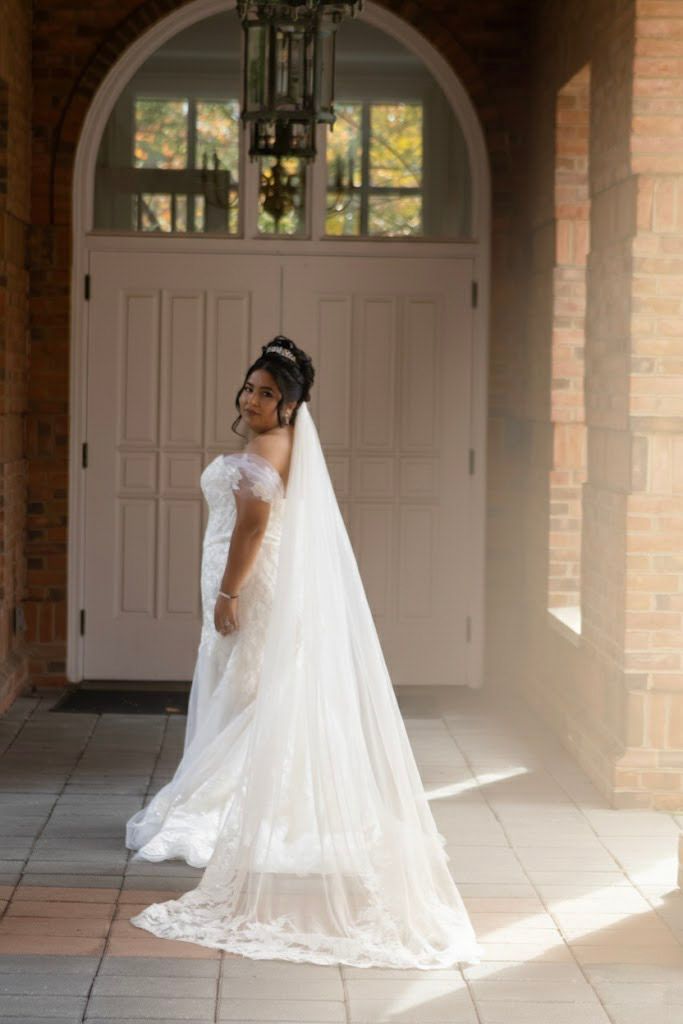 Sunlit bridal portrait in elegant archway with flowing white wedding gown and veil.