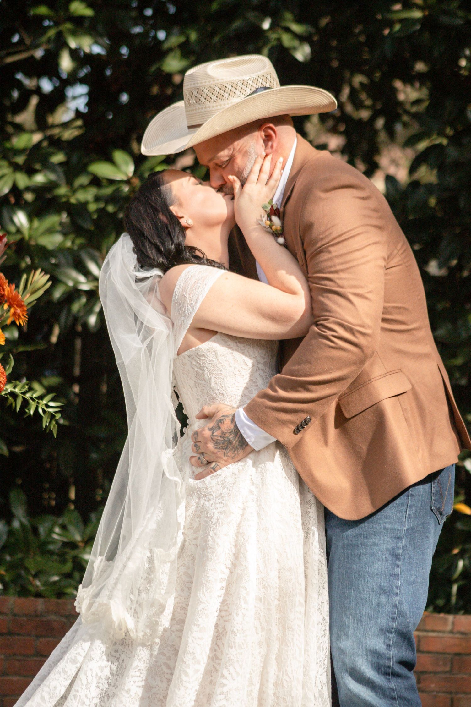 A sequence of intimate wedding photos showing a couple embracing under trees.