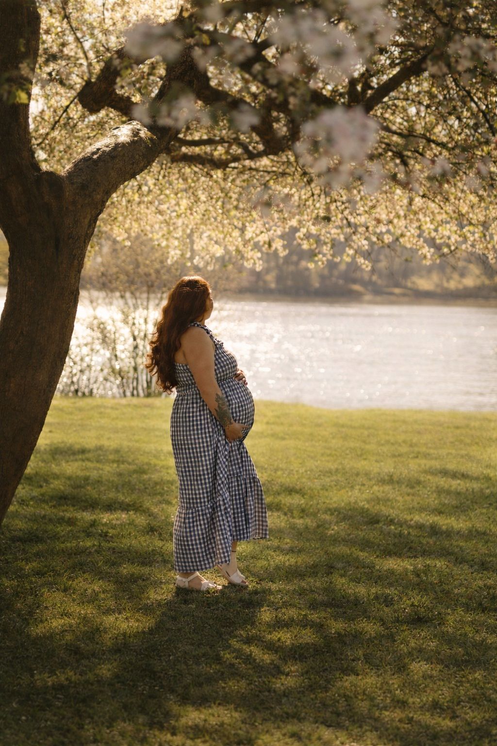 An expectant mother in a gingham dress stands under a blooming cherry tree at sunset by a lake.