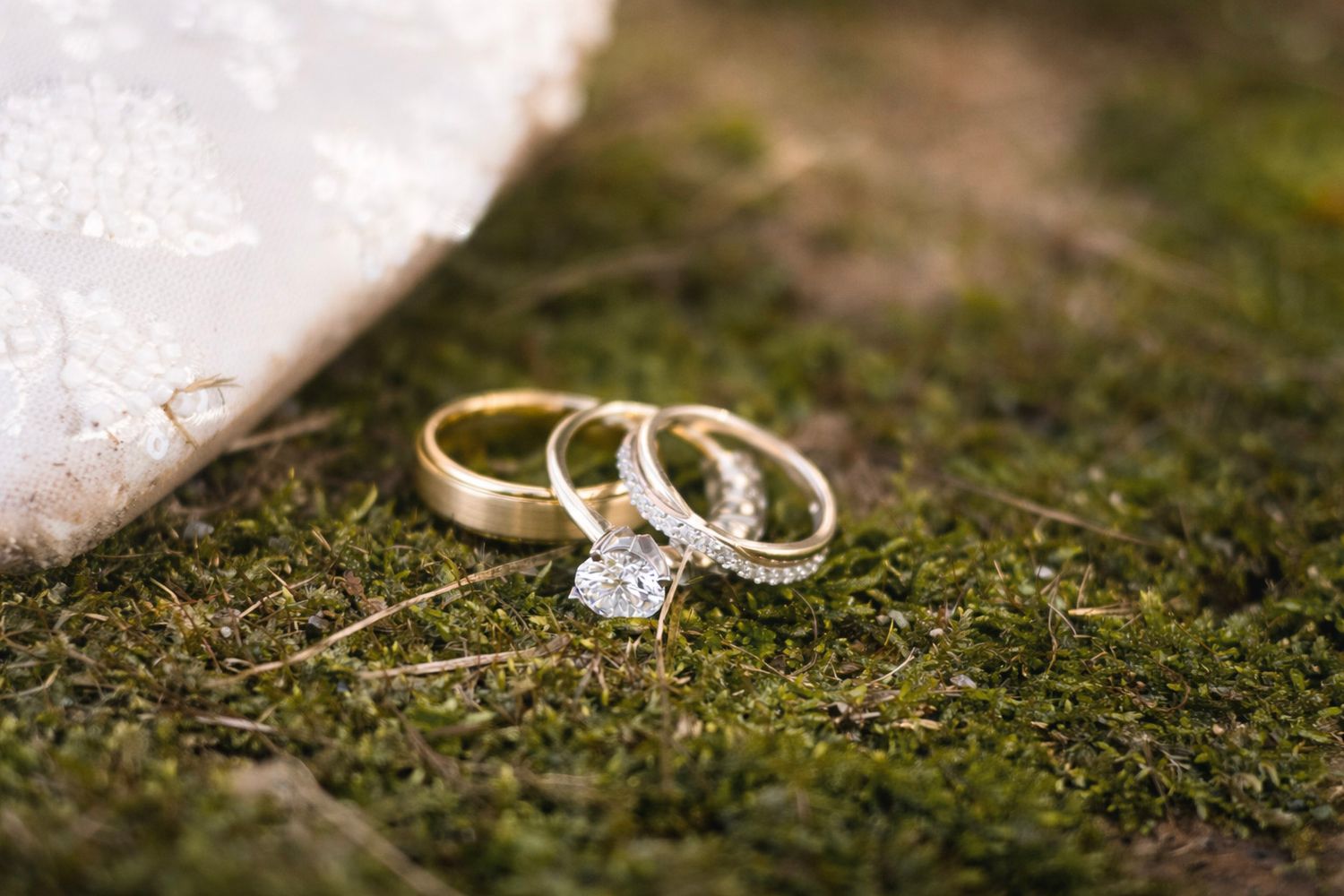 Wedding rings and engagement ring displayed on natural green moss with sparkling diamond details in natural lighting.