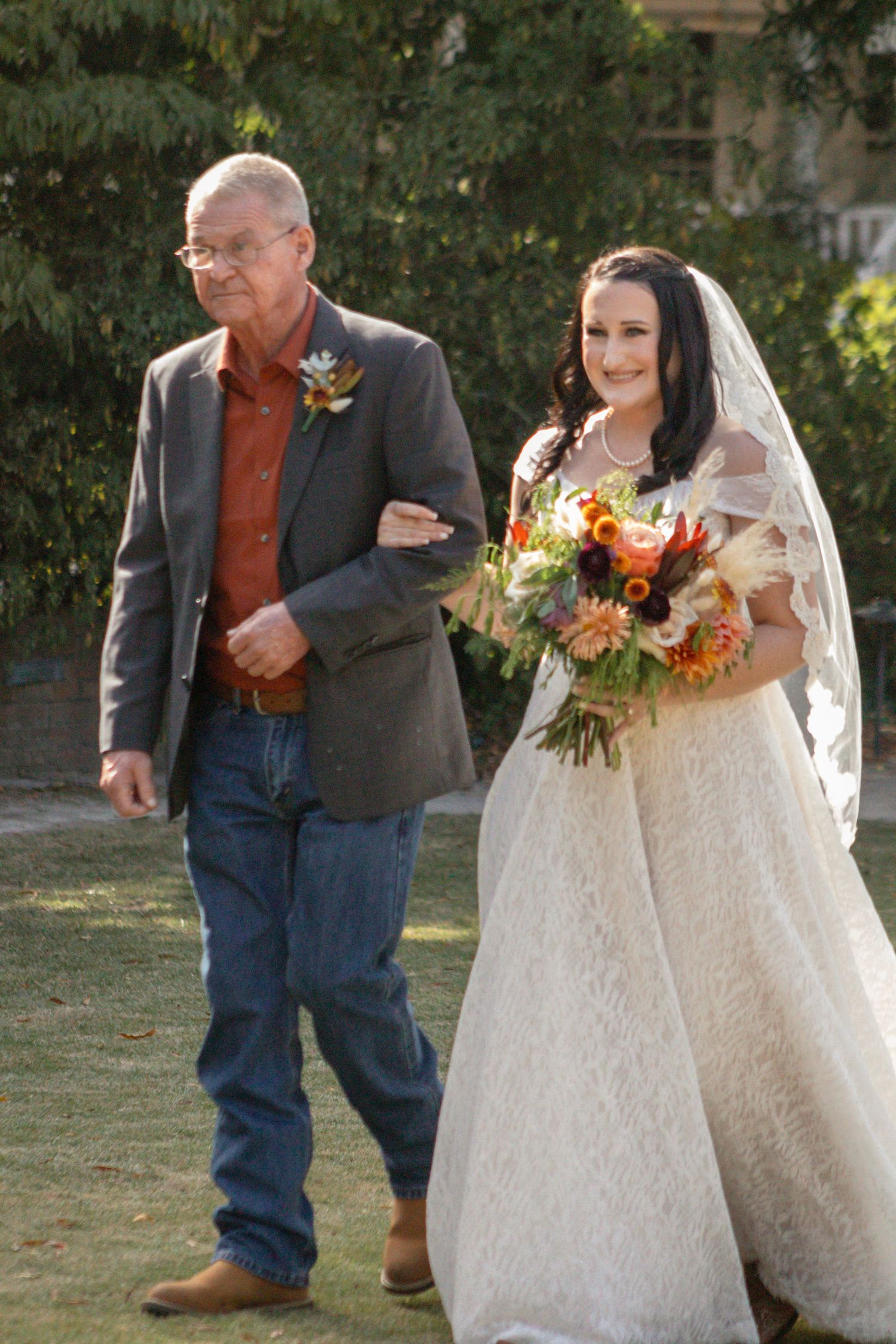 A series of candid wedding moments showing a couple walking together outdoors in a garden setting.
