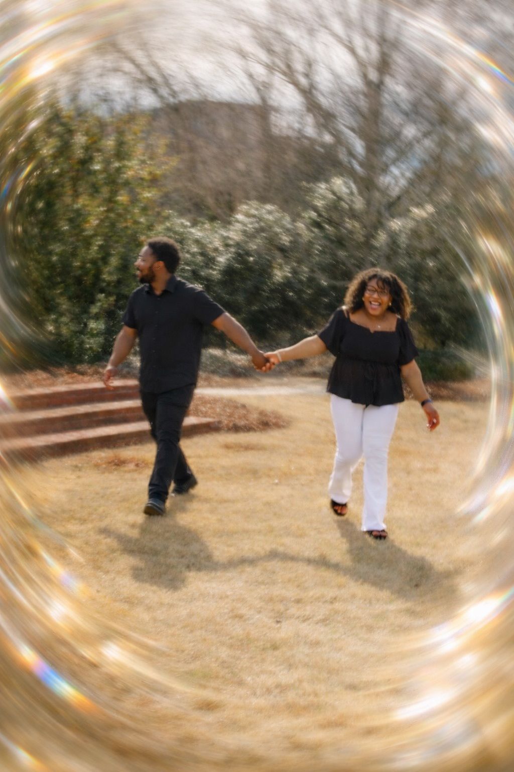 A sequence of dance movements captured in a swirling motion effect against a natural outdoor backdrop.