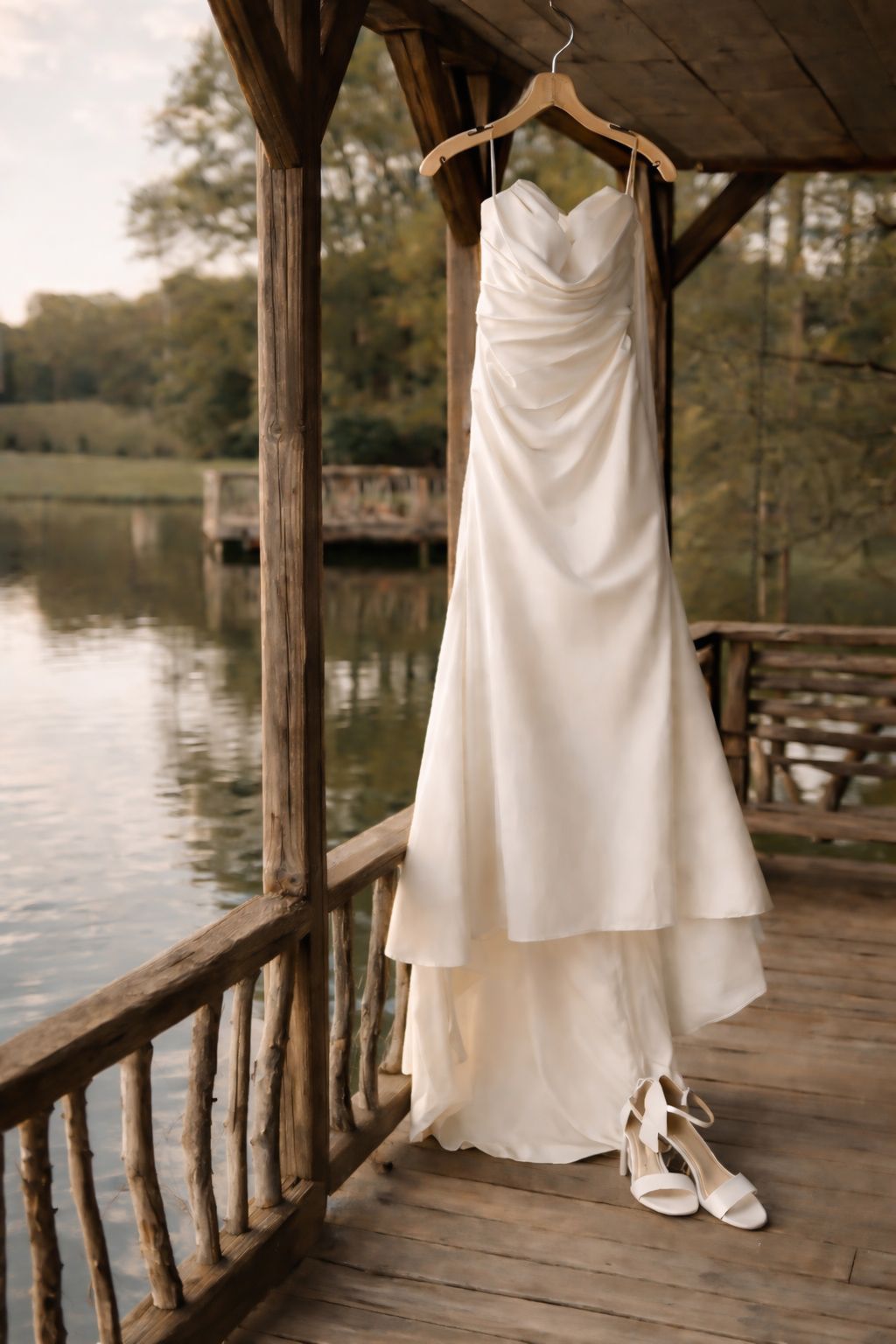 Elegant white strapless wedding dress hanging on wooden porch by serene lake, paired with white heeled sandals.