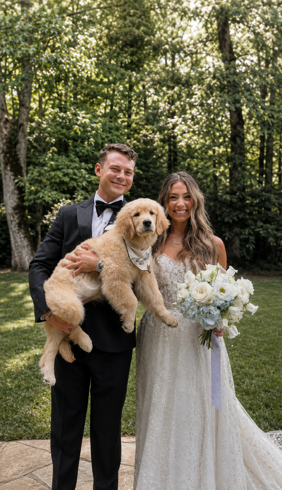 Bride and groom in wedding attire holding a golden doodle puppy outdoors, with lush green trees in background.