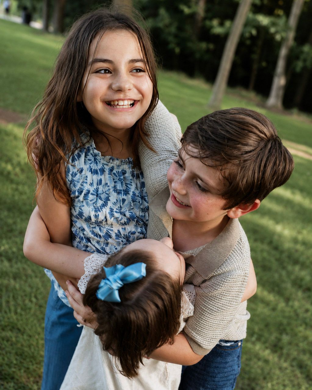 Three happy children hugging and laughing together outdoors in a lush green park setting.