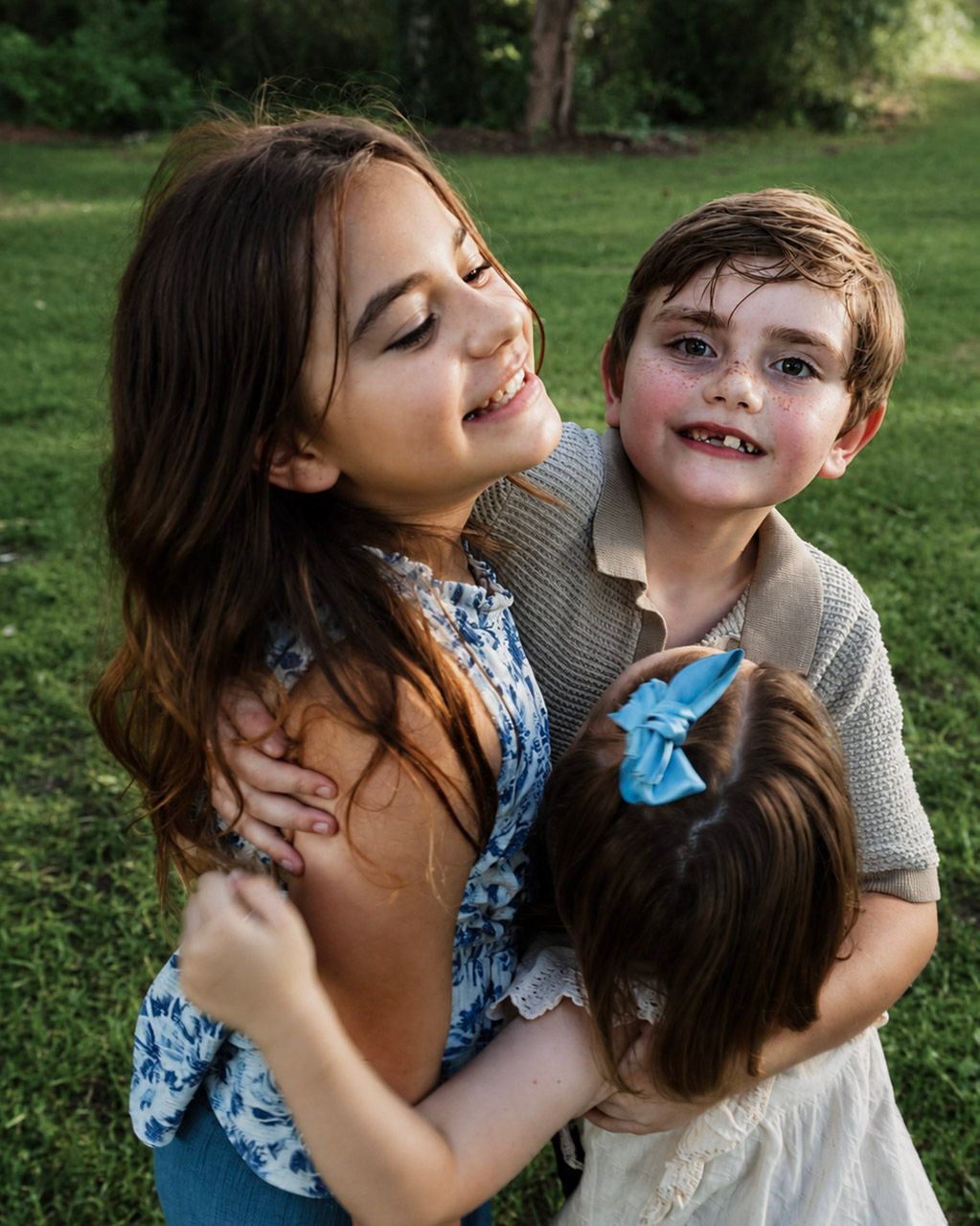 Two smiling siblings hugging a younger child with a blue bow in her hair outdoors.