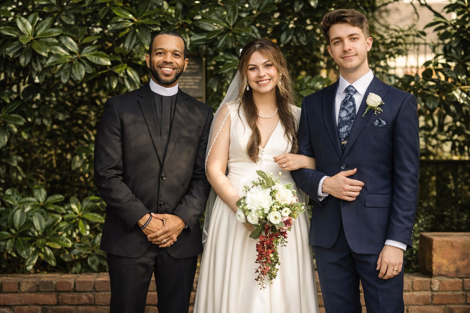 Joyful wedding ceremony moment with bride in white dress and groom in navy suit standing with officiant outdoors.