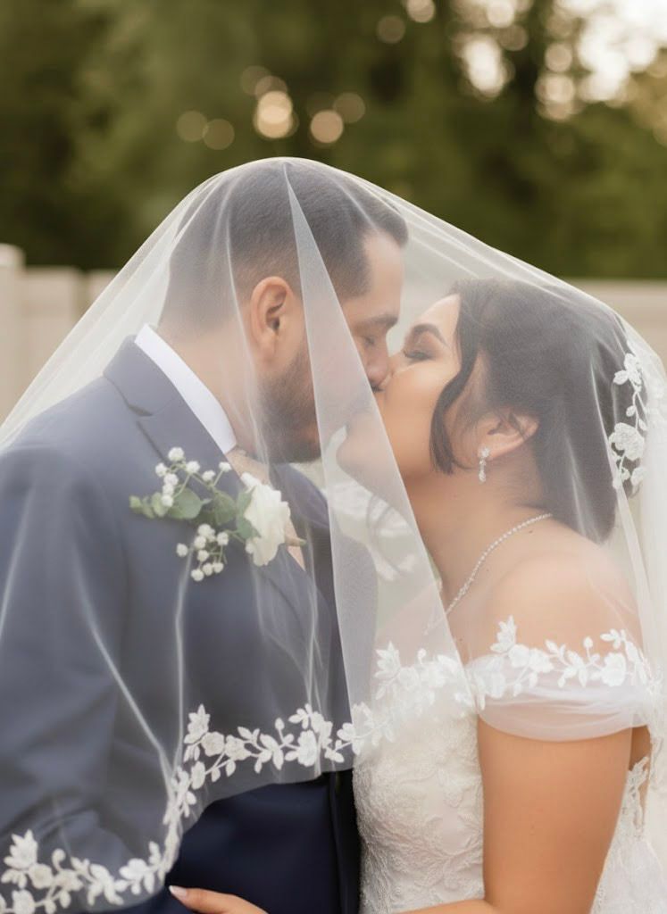 Romantic wedding portrait with delicate lace veil details and soft bokeh background.