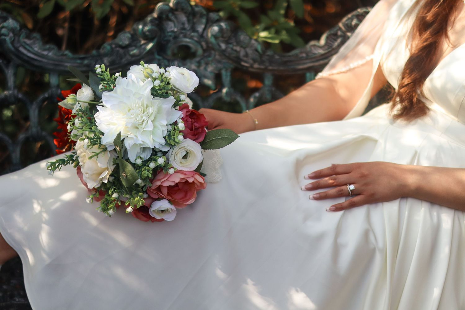 Close-up details of a white wedding dress with lace and beaded embellishments shown from multiple angles.