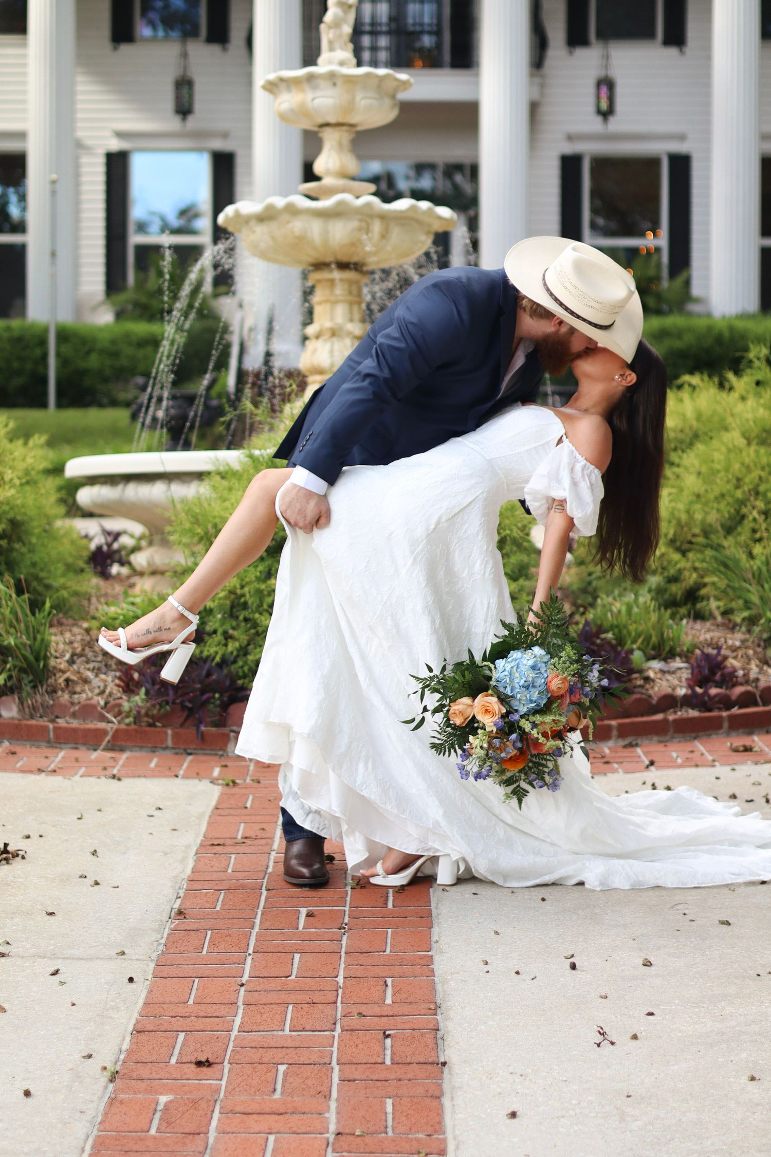 Wedding photo sequence showing playful moments on brick walkway with white columns in background.