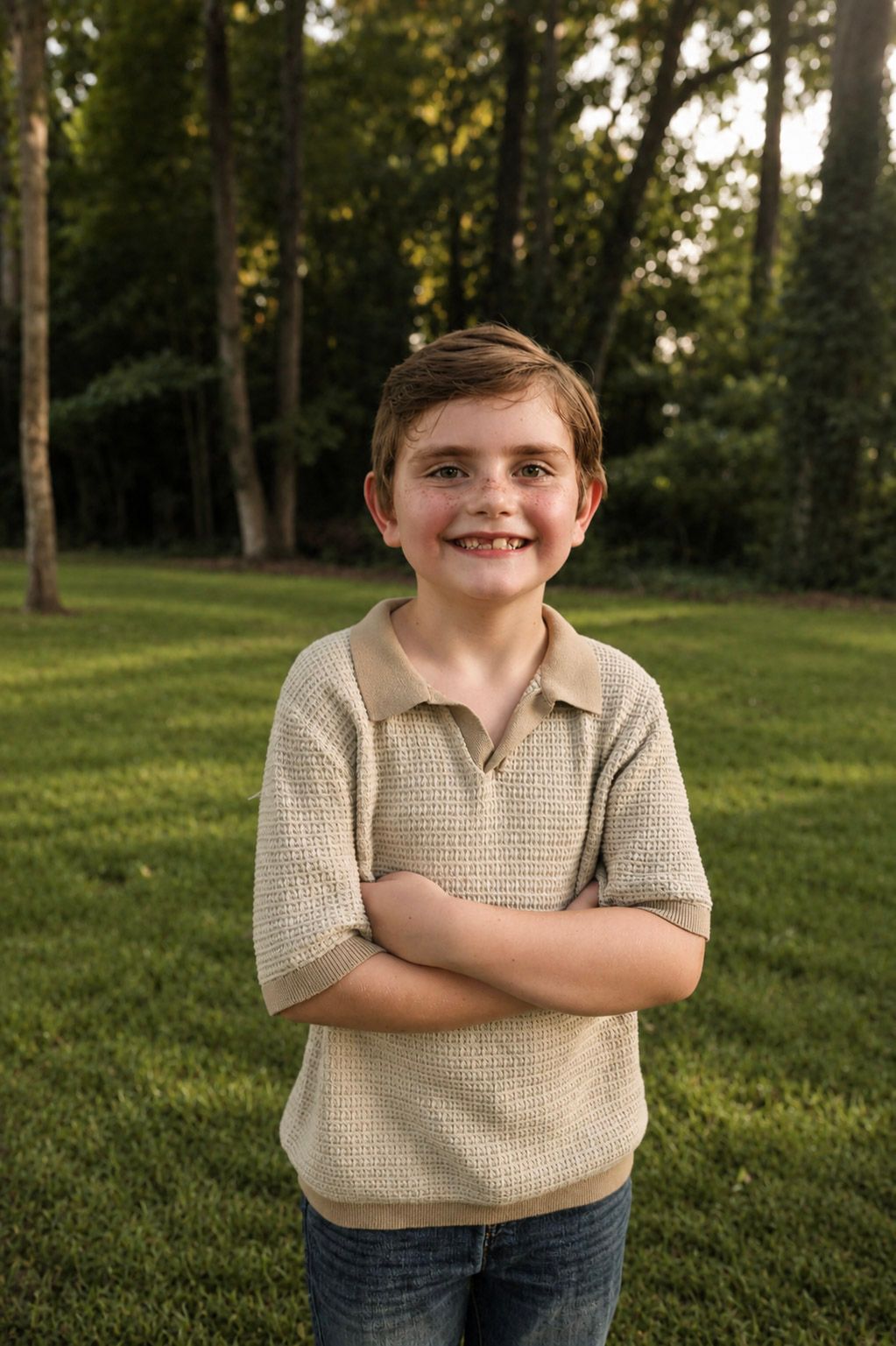 Smiling boy with crossed arms wearing a beige polo shirt standing on green grass with trees in background.