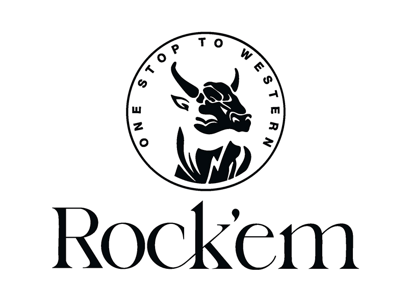 Rock'em western brand logo featuring a bold bull illustration with the tagline One Stop To Western in a circular badge.