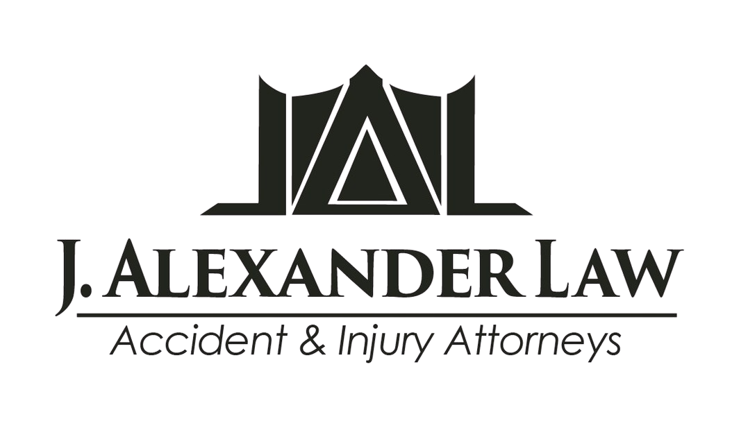 J. Alexander Law Accident & Injury Attorneys logo featuring a bold black emblem with triangular design and professional serif typography.