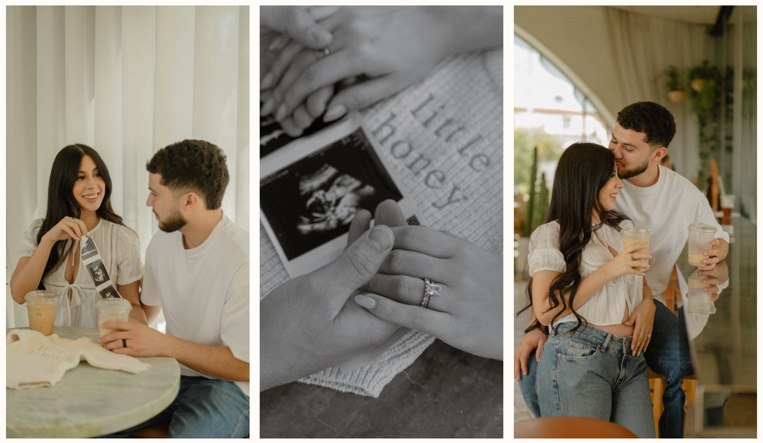 Three photo collage of an expecting couple's pregnancy announcement, sharing their sonogram, a close up of the sonogram reading little honey
