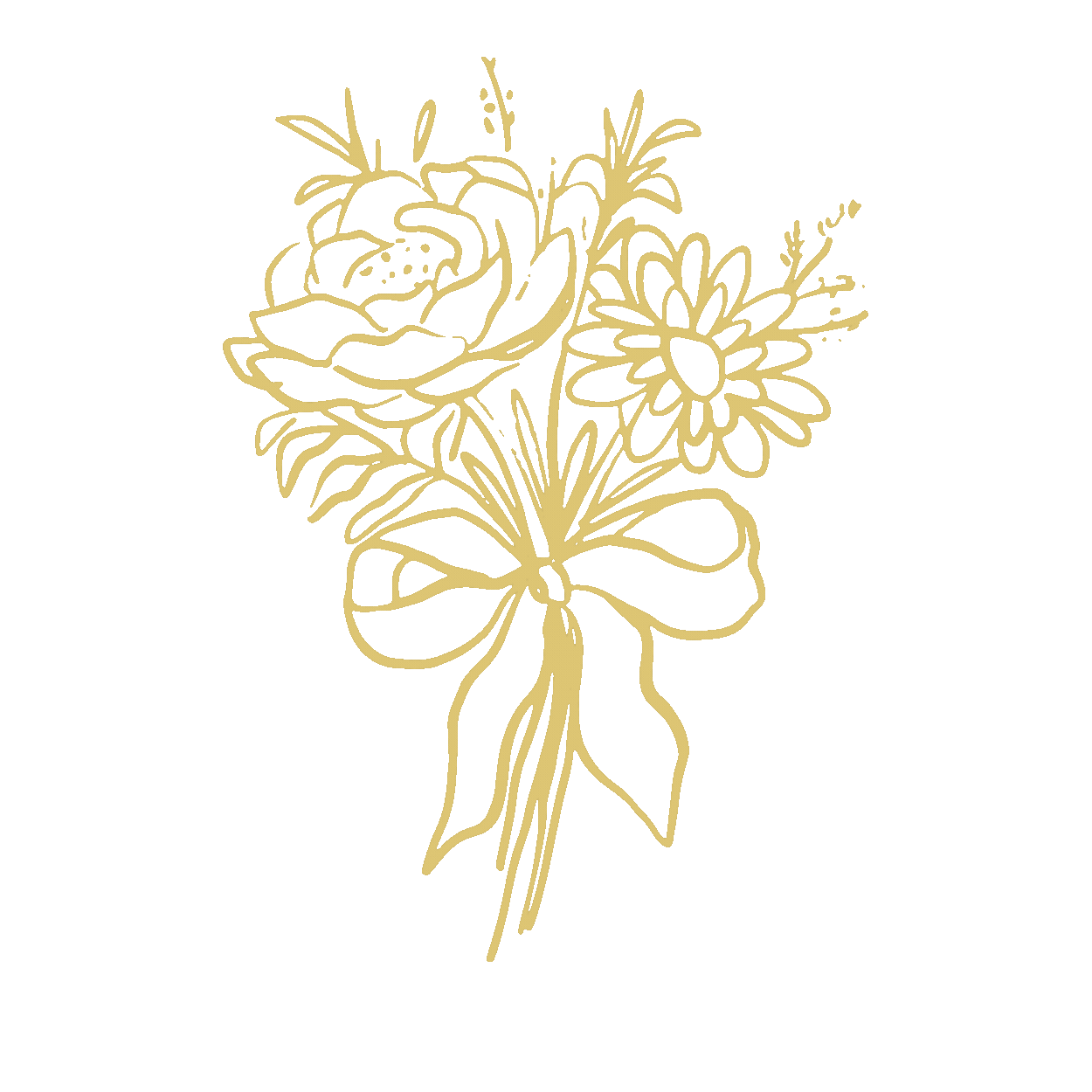 Large gold line art floral bouquet illustration with roses and daisies on white background gif format