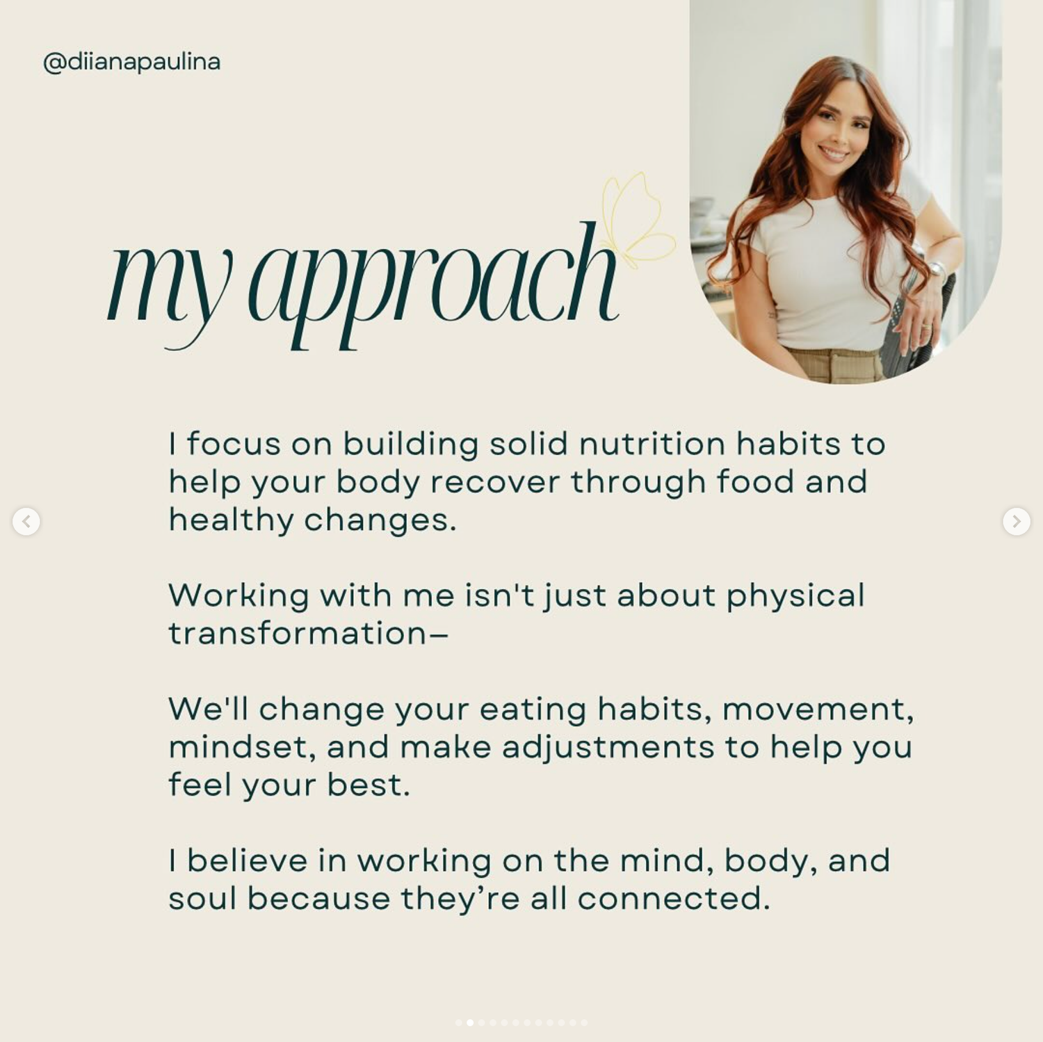 Branded service page graphic outlining Diana’s unique approach to coaching and nutrition.