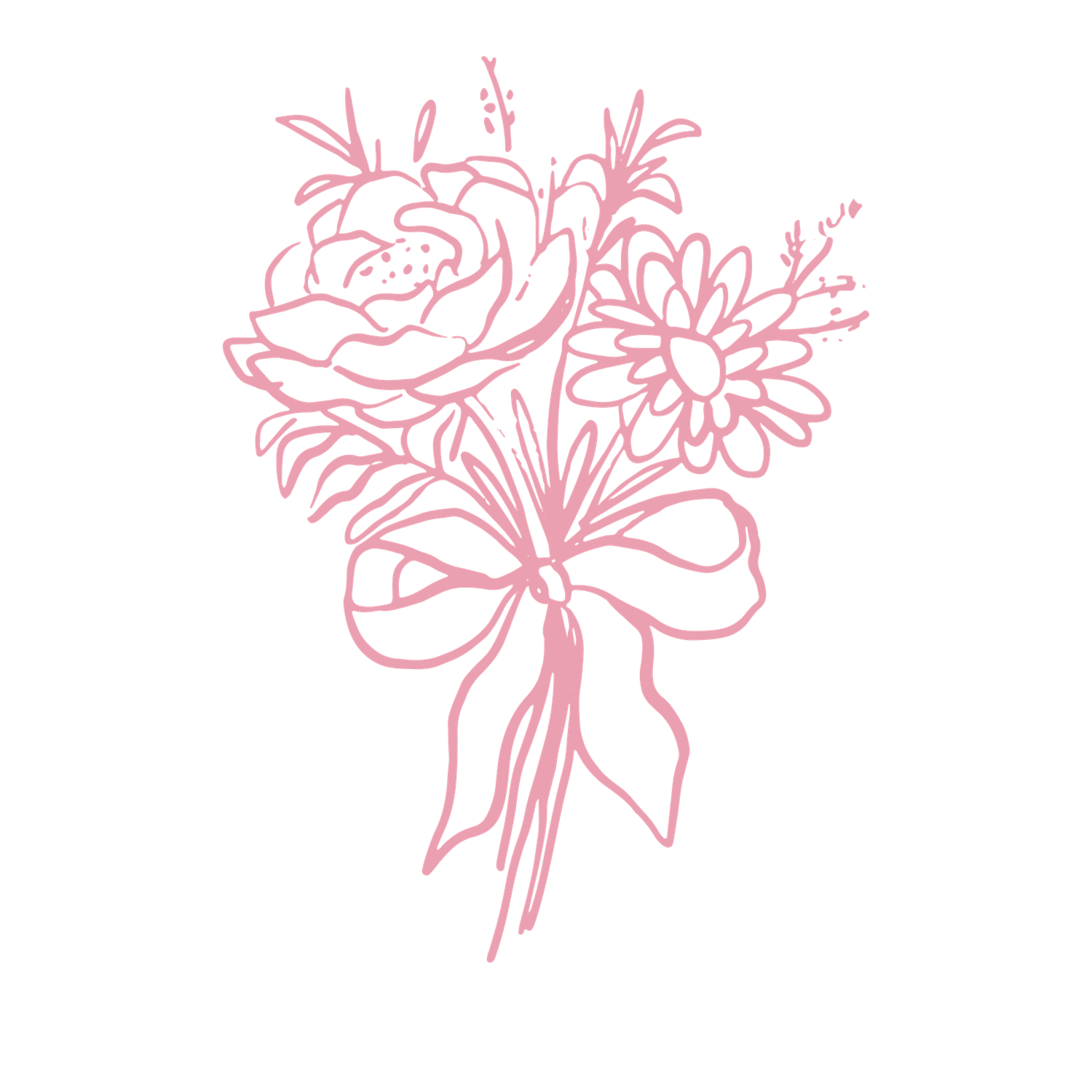 A pink line art bouquet of roses and daisies tied with a bow, a soft feminine icon for the site.