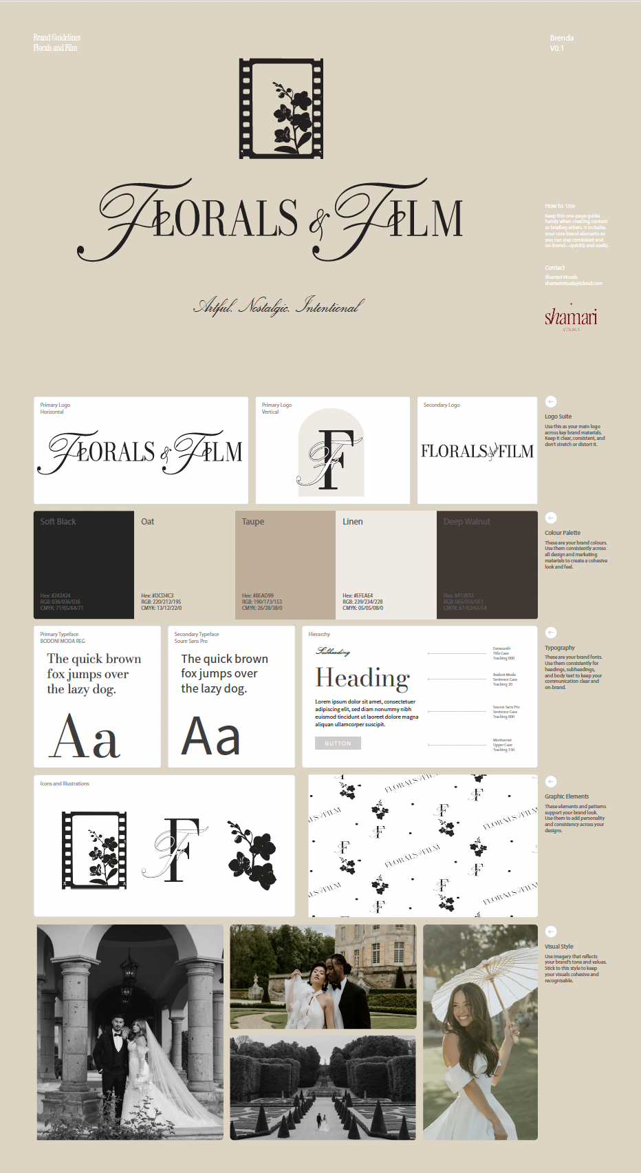 Branding mockup showing the Florals & Film logo, Instagram grid preview, and design elements — elegant and cohesive visual identity.