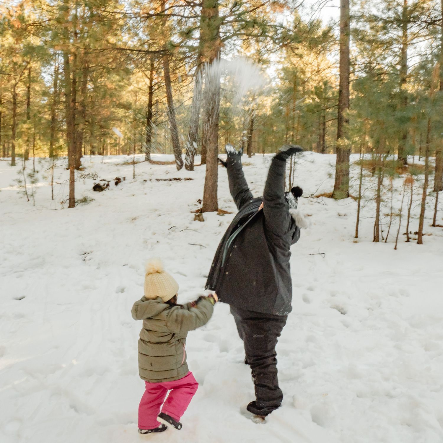 A parent and toddler toss snow together in a winter forest in Heber, AZ, framed by tall pine trees.