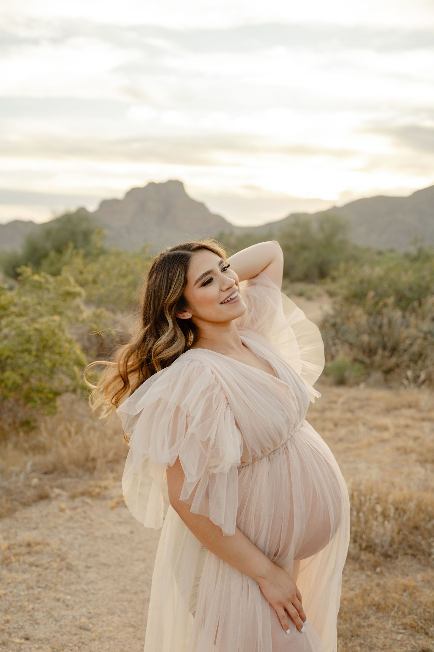 A maternity portrait glows in the golden hour light near Sahuaro Lake, AZ, the mother wrapped in a sheer cream gown.