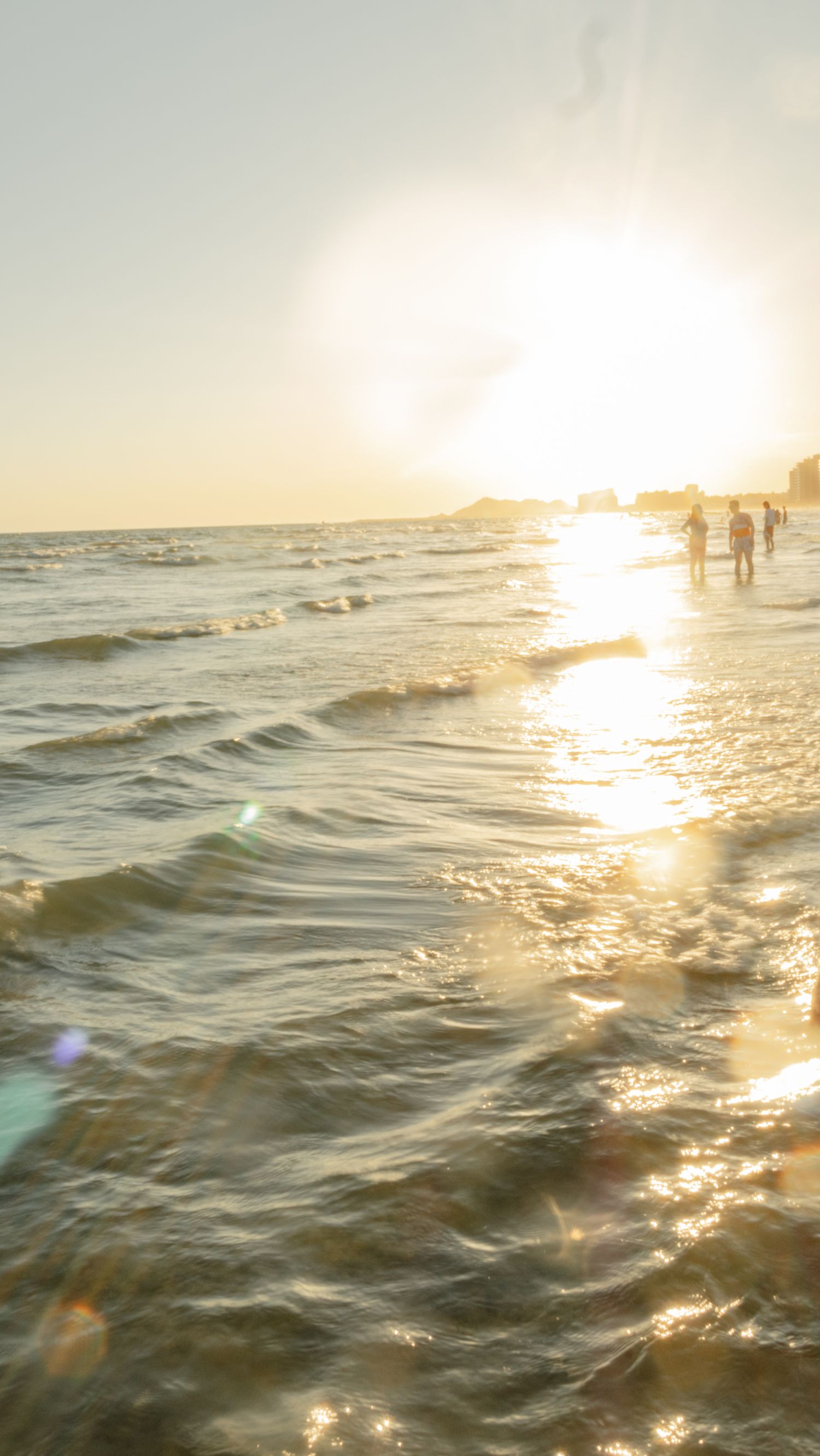 Golden sunlight glimmers across gentle ocean waves on a bright, sunny beach.