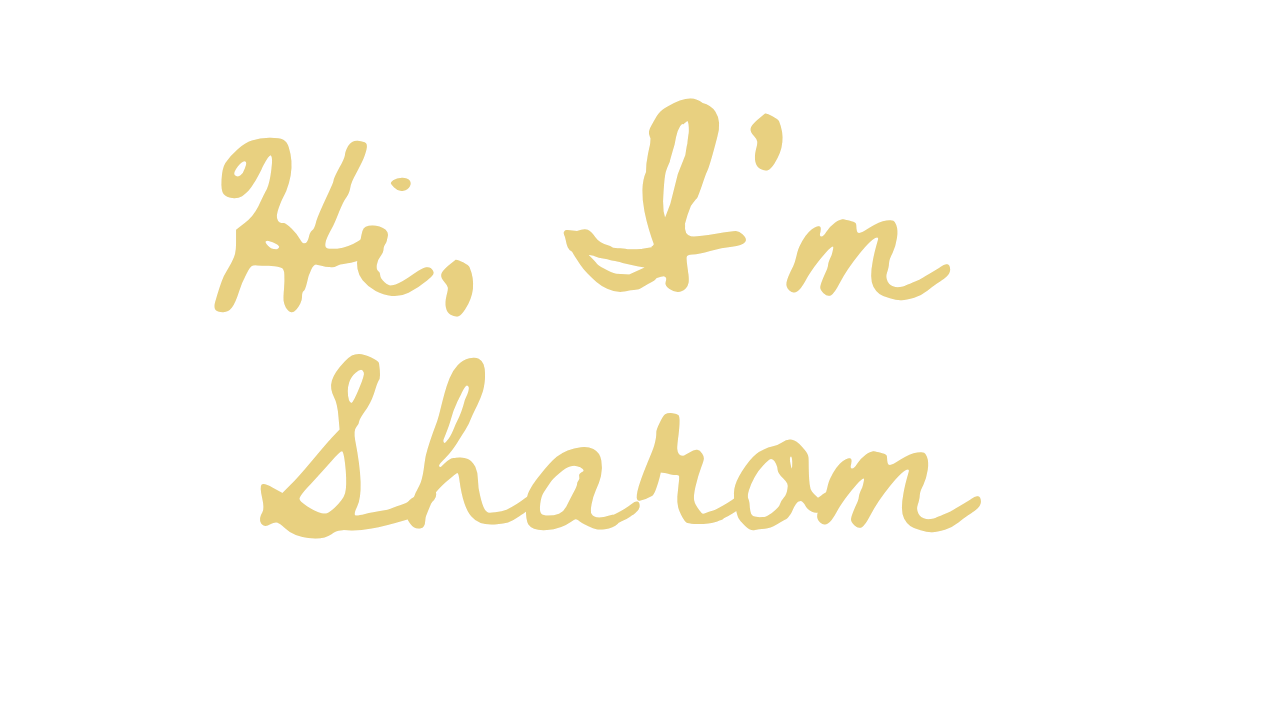 Handwritten cursive text in gold reading Hi, I'm Sharon on a white background.