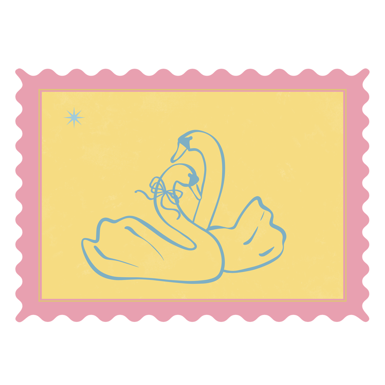 Decorative pink-bordered postage stamp illustration with two blue swans on a soft yellow background.