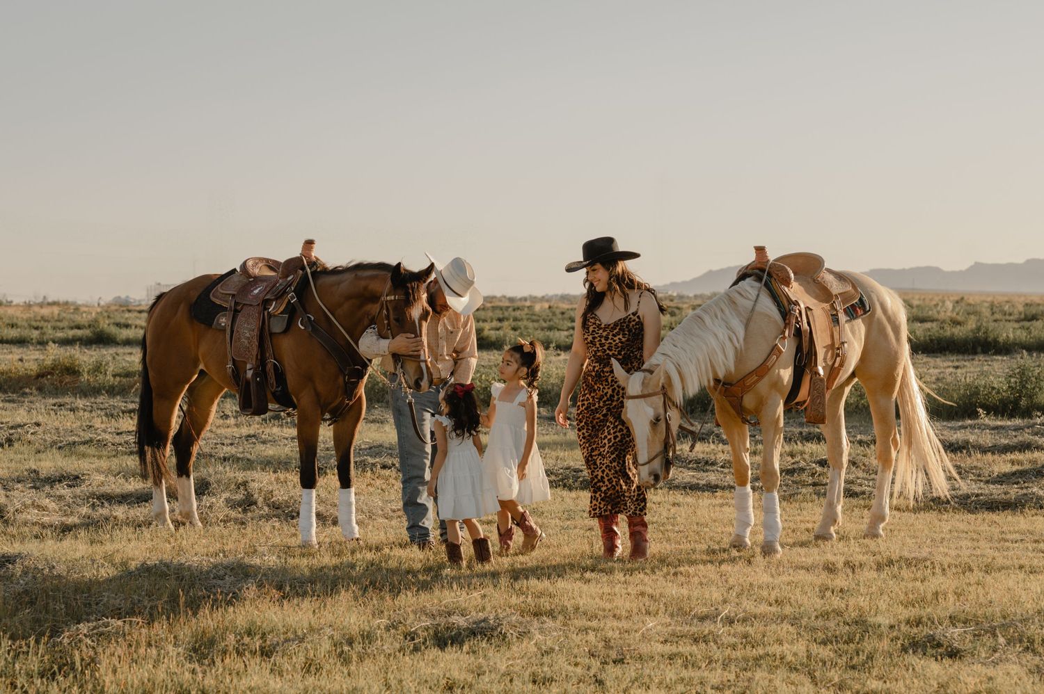 a family in western wear stands with two horses in an open phoenix desert field during golden light