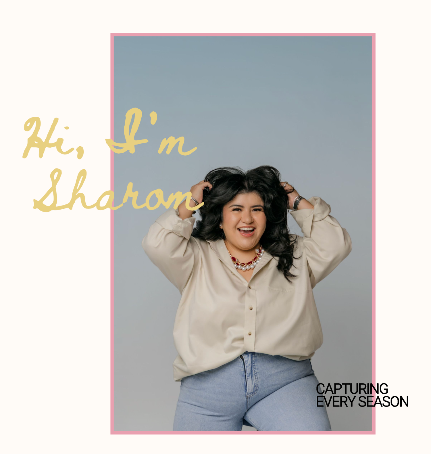 Sharom Rosas, founder of Shamari Visuals, smiles with her hands in her hair beside the 