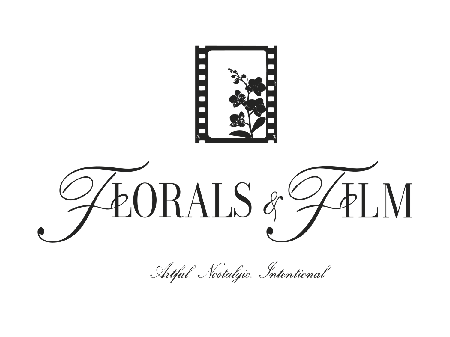 Florals & Film full logo with tagline “Elegant • Creative • Sentimental” — refined black-and-white branding design.