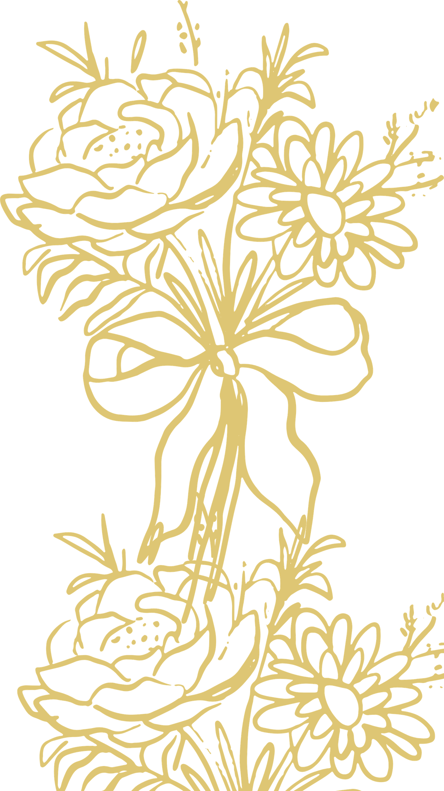 A gold line art bouquet of roses and daisies tied with a bow, a decorative brand illustration.