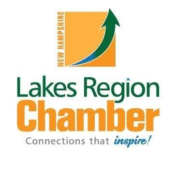 Lakes Region Chamber of Commerce logo with green arrow and orange text, New Hampshire.