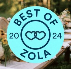 Best of Zola 2024 award badge with teal background and interlinked hearts logo for wedding vendors.